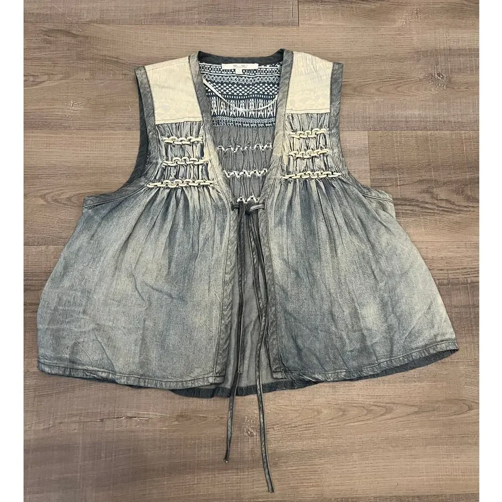 Vtg Indie Hippie Chambray Tie Vest Aztec Print